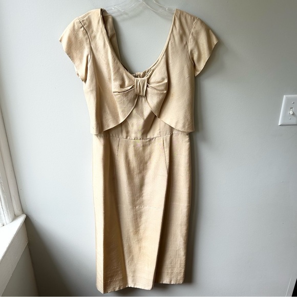 Vintage 1960s gold silk handmade sheath dress with front bow bodice detail - Picture 1 of 13